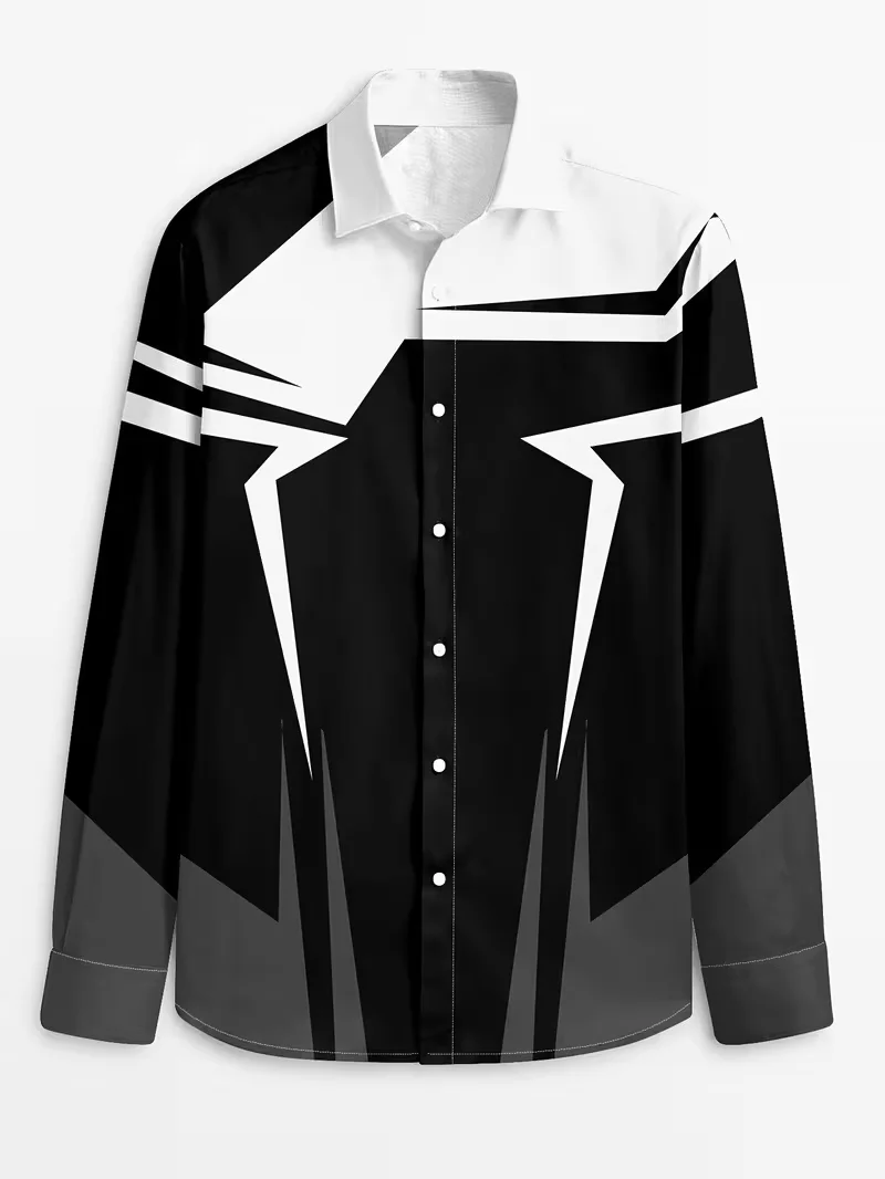 

New black and white geometric lightning 3D printed men's long sleeved shirt with collar and personalized shirt