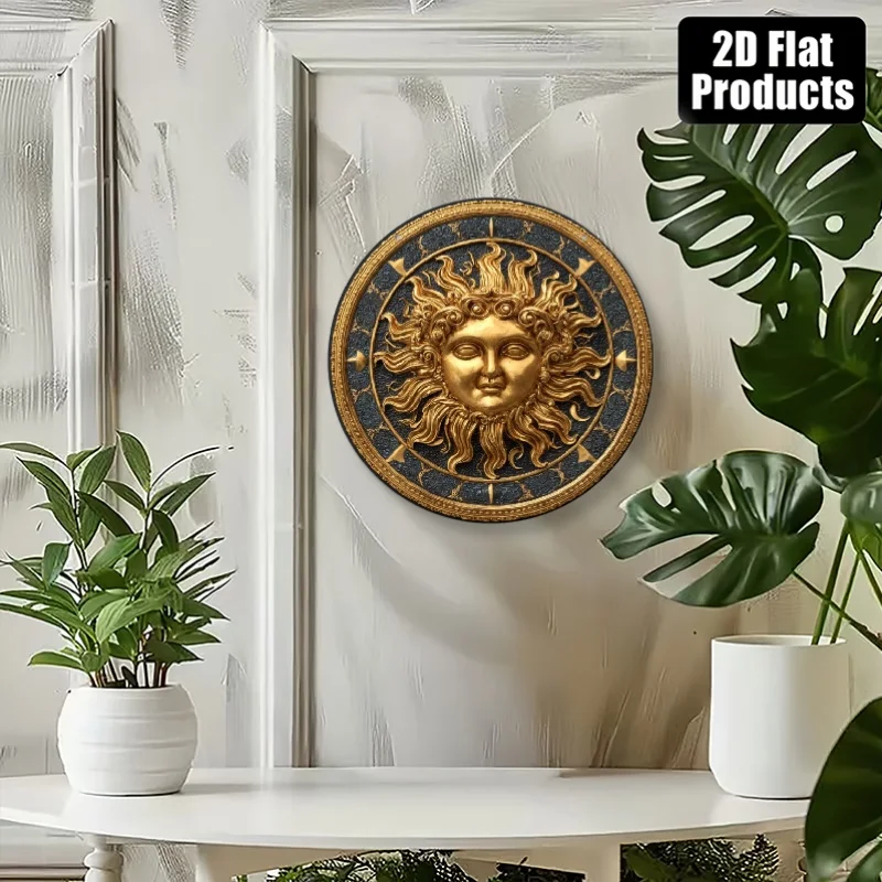 SunFace Metall-Wandkunst, 8 Zoll Rund, Griechischer Apollo, Gold-Marineblau Sonnendekoration für Zuhause, Bar, Büro