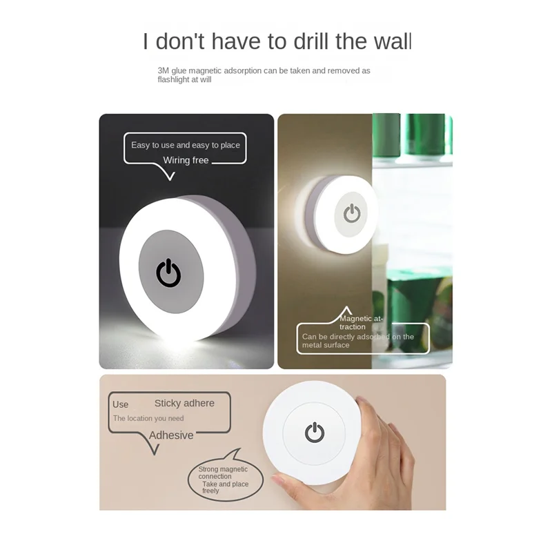Portátil LED Touch Sensor Night Lights, 3 Modos, Base Magnética Luz de Parede, USB Recarregável, Redondo, Escurecimento, Suave, Quente