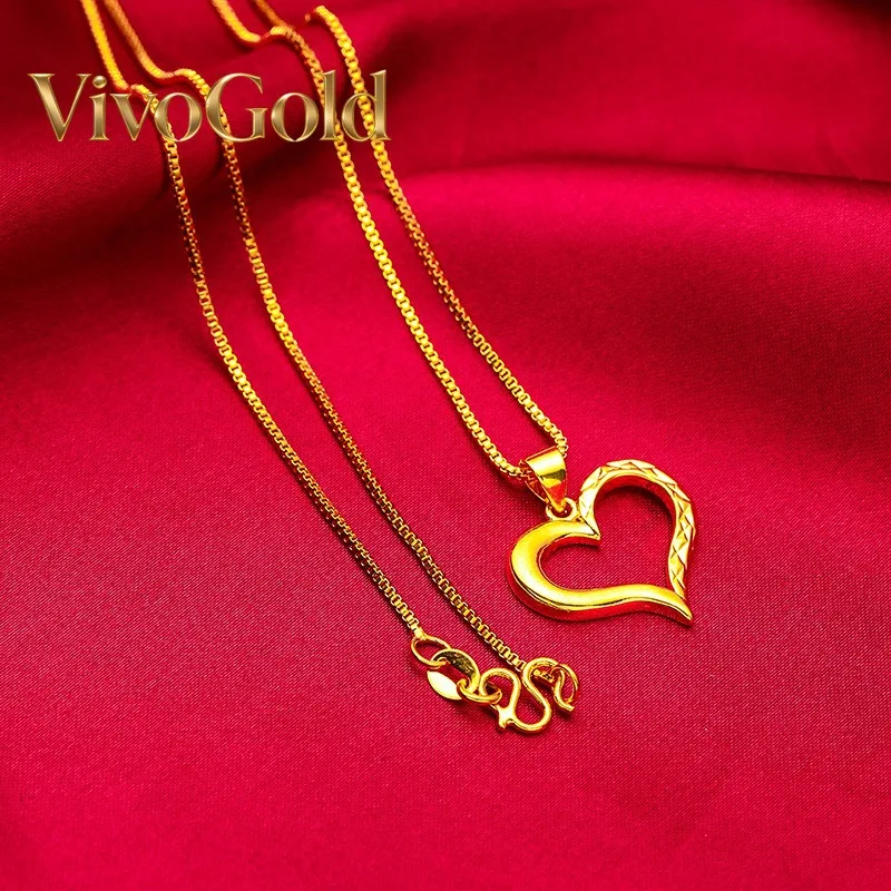 

VivoGold VivoGold Heart Necklace for Women, 24K Gold, AU999 | Matte gold heart with rose carvings & enamel, classic charm for ch