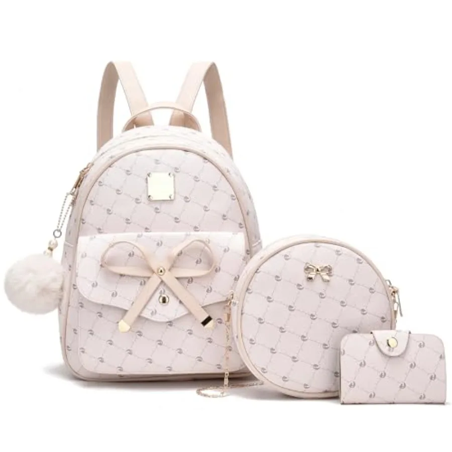 

Girls Bowknot 3-Pieces Fahsion Leather Backpack Backpack Purse for Women Rucksack for Ladies Shoulder Bag