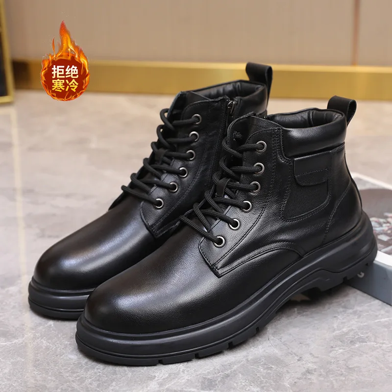 Retro All Genuine Leather Men's Shoes ankle boot  Cowhide Winter  Black Sheepskin Warm Snow Boots