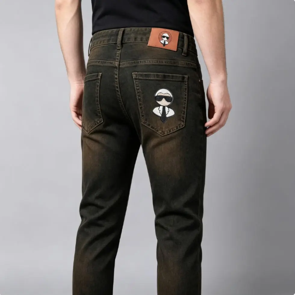

Fashionable slim fit men's pants brand, spring and summerjeans, luxurious stitched elastic pants