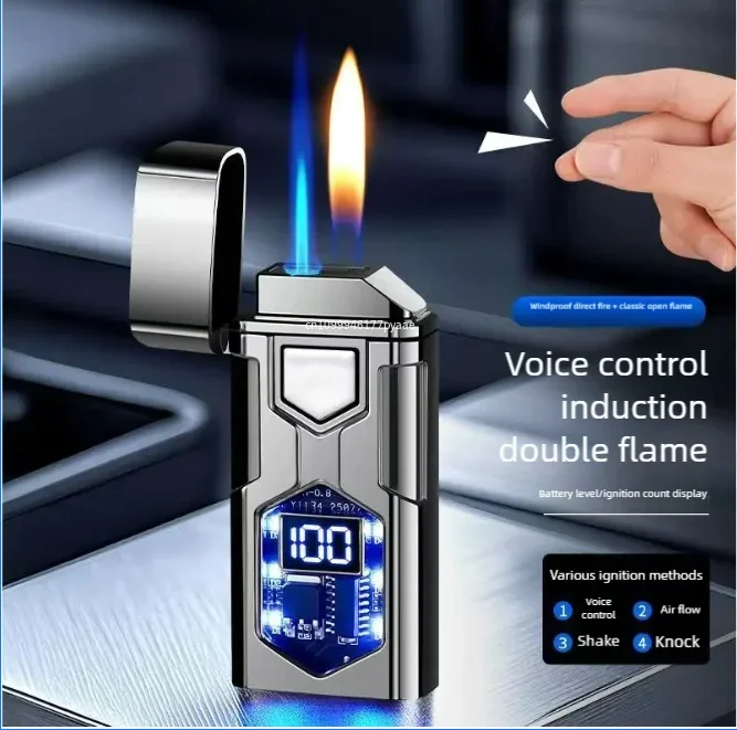 2026 ولاعة حريق مزدوجة ذكية يتم التحكم فيها صوتيًا، نفخ الغاز الكهربائي المقاوم للرياح، هدية إبداعية شخصية