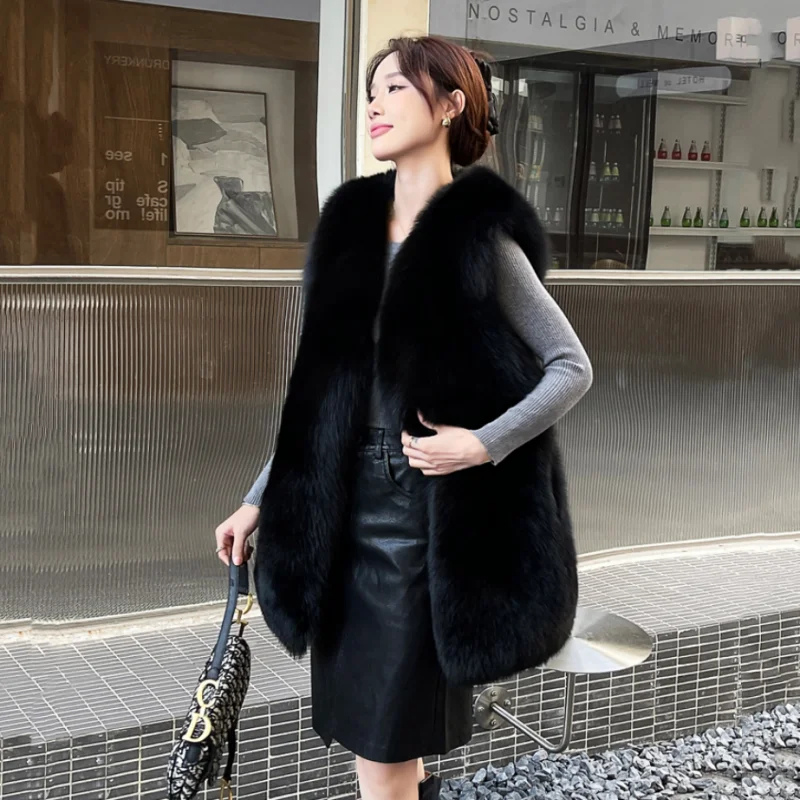 2024 Fashion Natural Silver Fox Fur Coat Women Blue-Fox  Vest Finnish Fox Whole Skin Fur Winter Thick Soft Warm Fox Fur Jacket