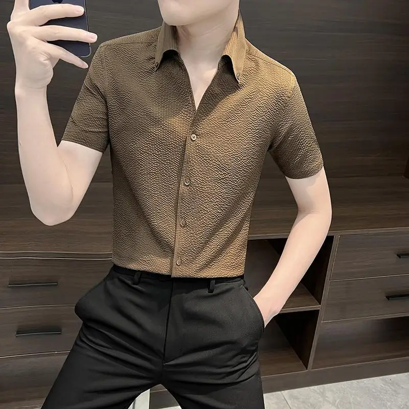 

Korean Fashion Summer Shirts Men Clothing Seersucker Solid Lapel Single Breasted Trend Luxury High Street Short Sleeve Slim Tops