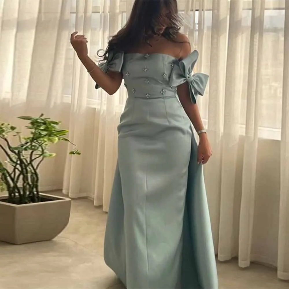 

Dubai Birthday Party Dresses Satin Sheath/Column Formal Evening Dress Mint Off-the-shoulder Bows Crystals Celebrity Dress Maxi