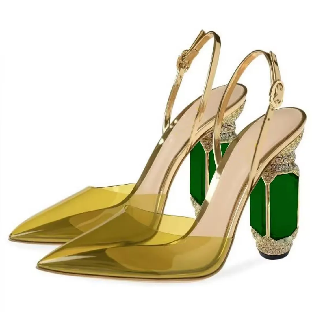 SHOFOO Fashionable women's high heels. Yellow PVC single shoes. About 10.5cm heel height. Green crystal heel. Pointed toe pumps.