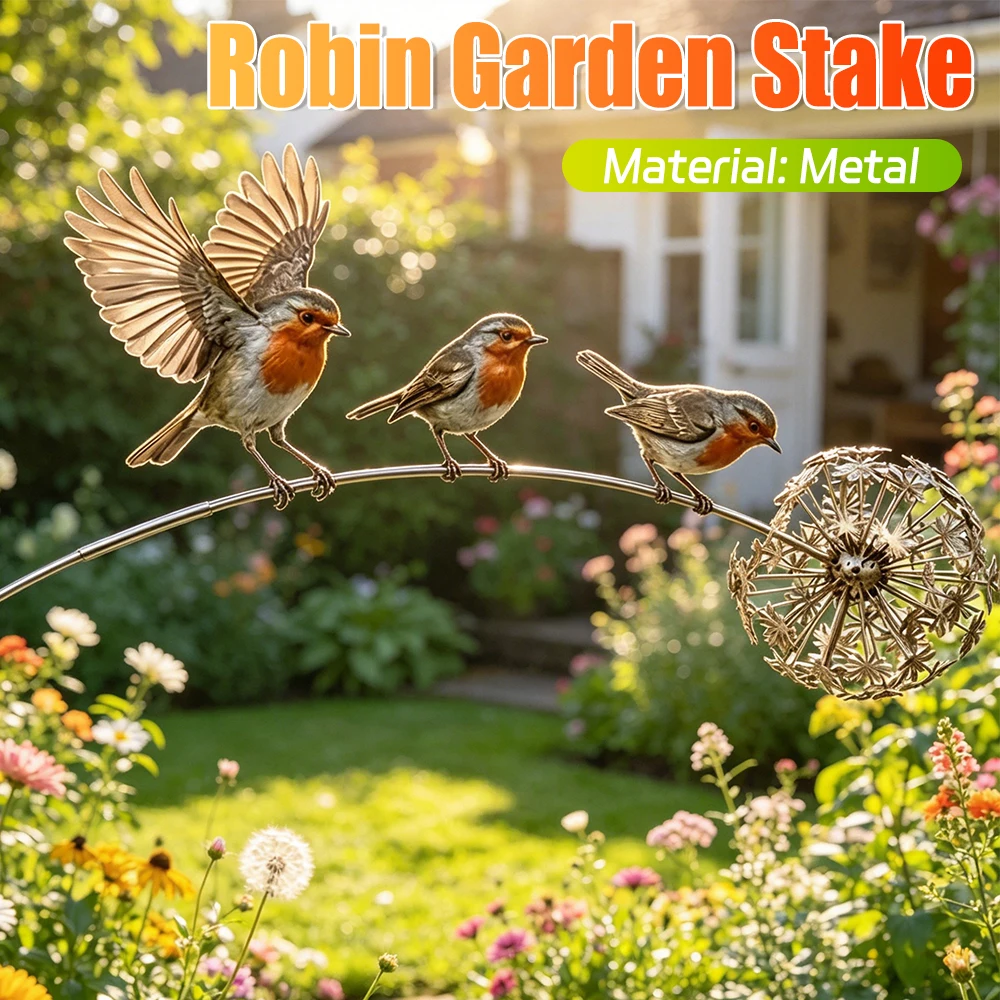 Robin Garden Stake with Dandelion Accent Outdoor Yard Art Stake Rustic Robin Bird Yard Art Decoration for Lawn Patio Backyard