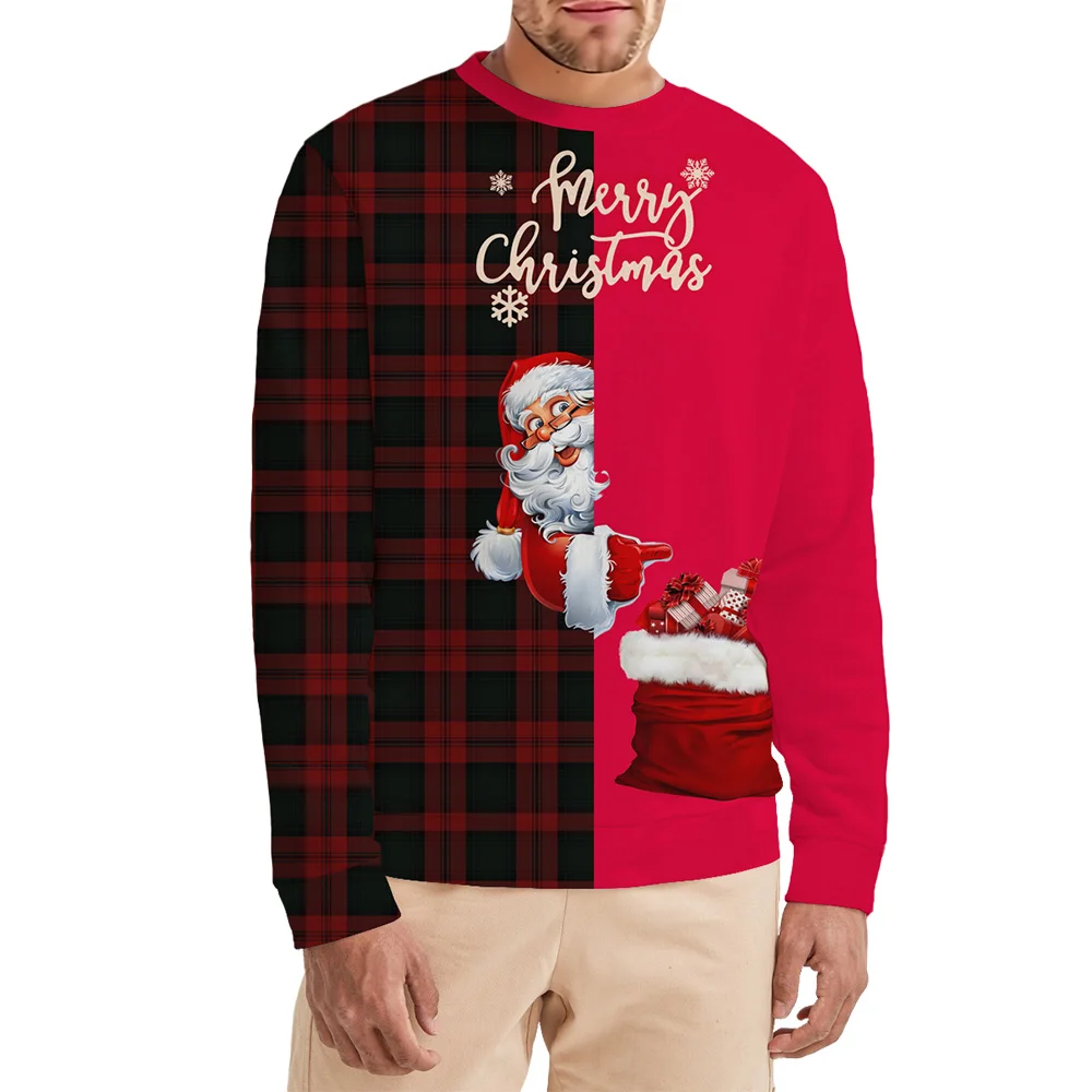 

Men's Christmas Crew Neck Pull on Long-sleeved Santa Claus Top Unisex Long Sleeve Pullover Sweatshirt New Plaid Printed Clothing