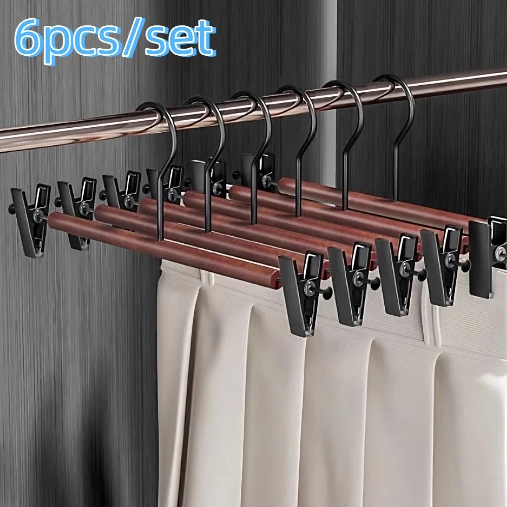 

6 Pieces Adjustable Wood Pants Hangers Anti-slip Space Saving Trouser Hangers with Clips Windproof Pants Clips Underwear