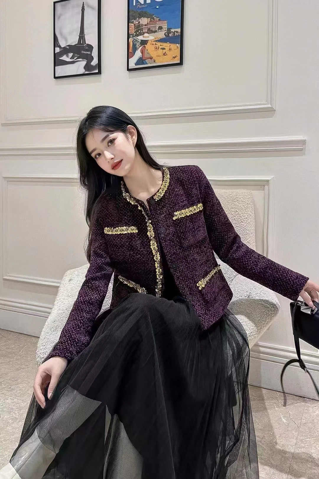 Autumn New Young And Fashionable Purple Wool Coarse Floral O-Neck Long Sleeve High Quality Hand Sewn Golden Edge Jacket S-XL