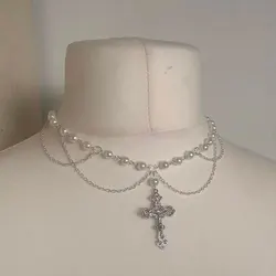 Handmade Pearl Rosary Cross Beaded Necklace Rosary Coquettish Doll Doll Core Vivienne Necklace necklace for women Y2K