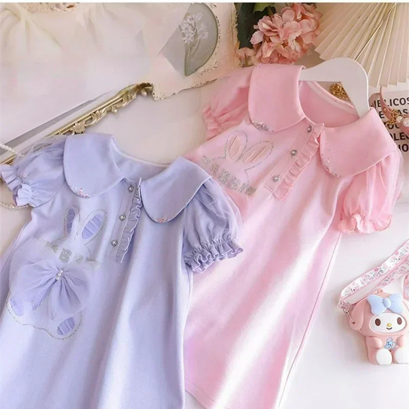 

Little Girl Dress 2023 Summer New Kids Puff Sleeve Cartoon Bow Polo Dresses Children Go To School Casual Clothes Baby Dresses