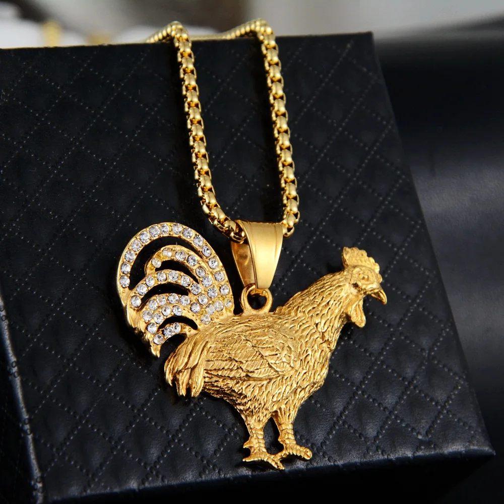 Collier Necklace Gold Color Stainless Steel Gallic Rooster Pendant Necklaces for Men/Women Iced Out Bling French Jewelry Gift