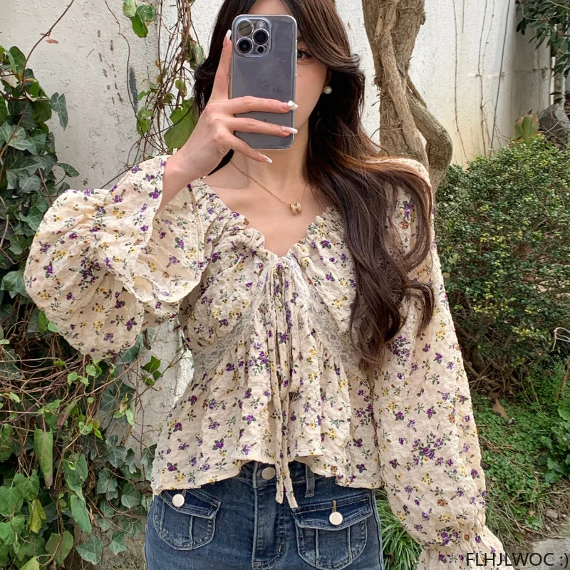 2023 Spring Summer Korea Chic Tops Blusas Fashion Flhjlwoc Design Short Crop Peplum Floral Print Sexy Off Shoulder Women Blouses