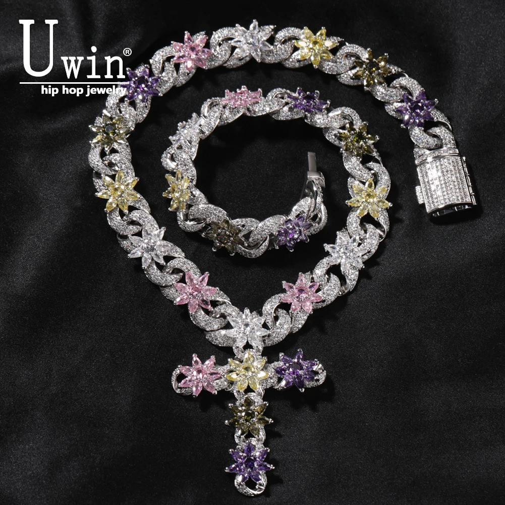 Uwin Colorful Flower Cuban Chain Full Paved Iced Out Bling Cubic Zirconia Cross Charms Baguette CZ Cuban Chain HipHop Jewelry