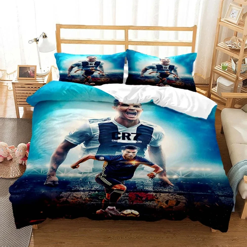 Imagem -05 - Football Star Imprimir Conjunto de Cama para Meninos e Meninas Capa de Edredão Fronha Cama Queen Size Adulto Home Textile Cr7 3d