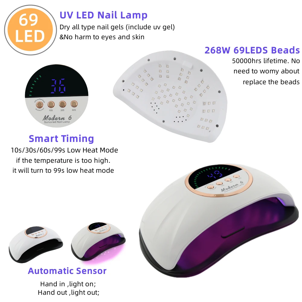 Modern 6 Nail Dryer Machine 69 LEDS UV Nail Lamps For Gel Polish Curing Manicure Pedicure Salon Double Hands Hold Big Size