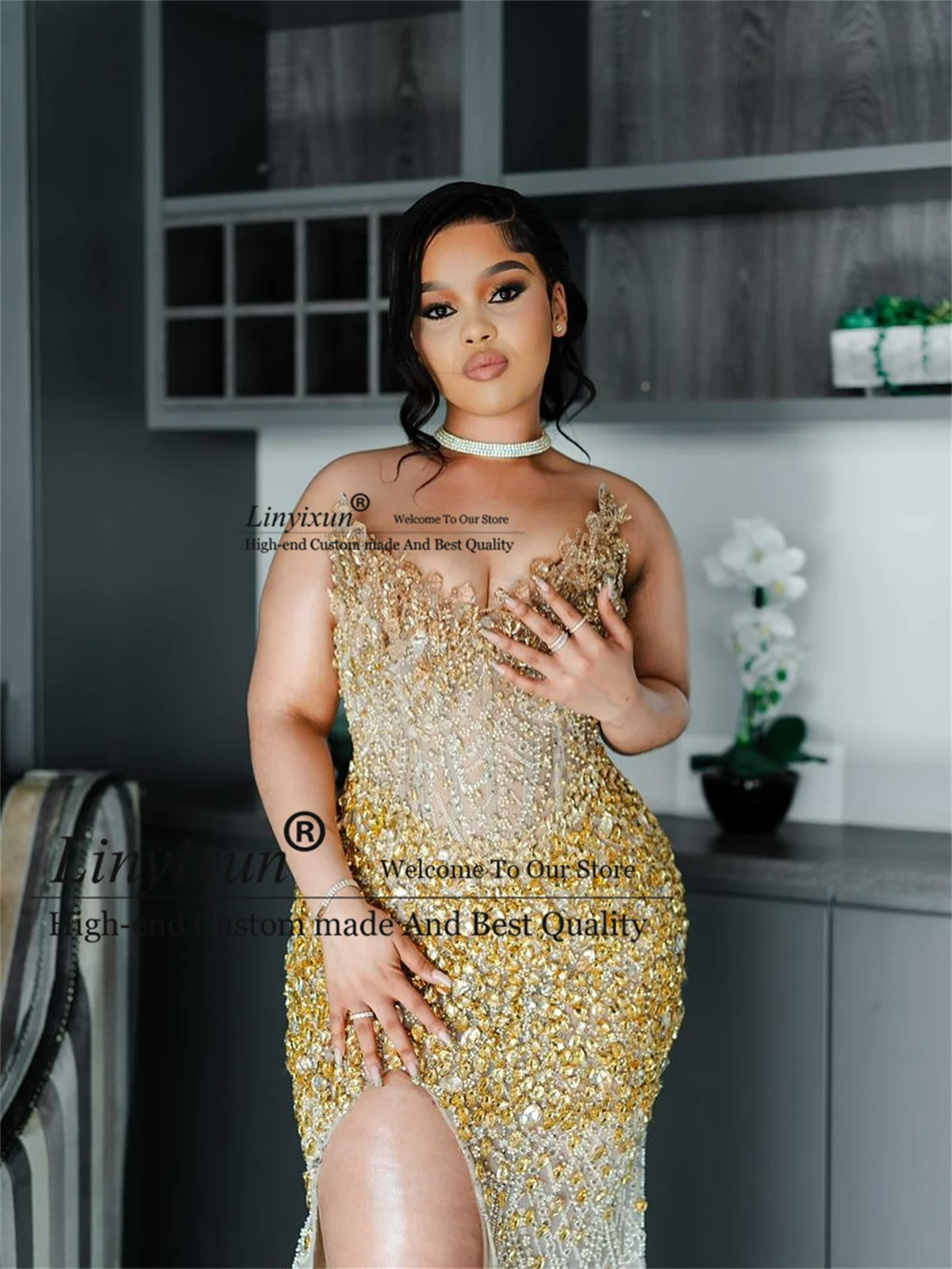 高級ラインストーンクリスタルマーメイドプロムドレスアフリカセクシーなスリットウェディングローブデソワレカスタマイズされたコートトレインイブニングパーティードレス