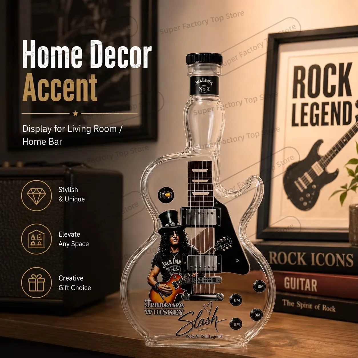 Guitar Shaped Whiskey Decanter Slash Themed Glass Liquor Bottle for Whiskey Wine Rock N Roll Home Bar Decor Unique Music Lovers
