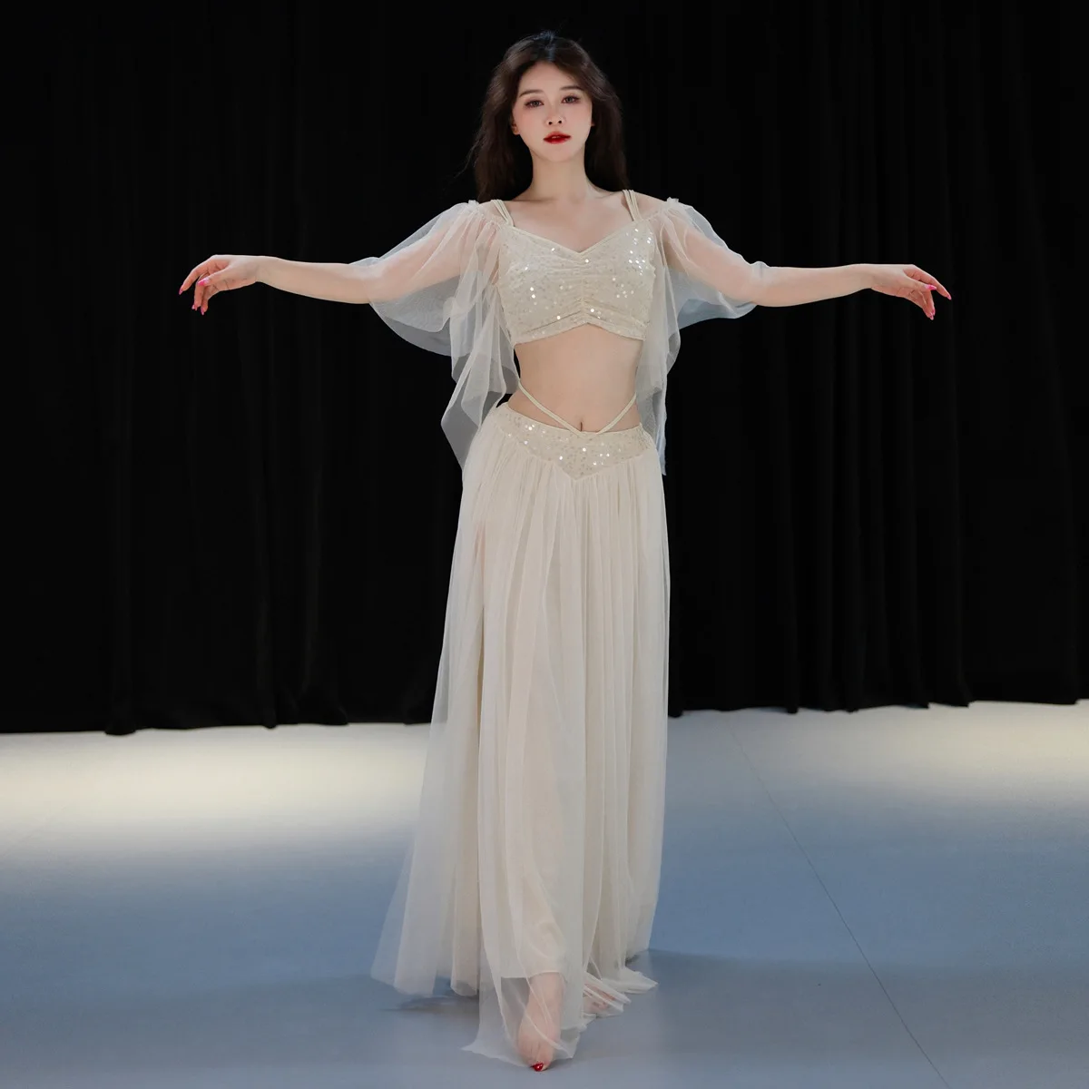 1 set/partij vrouw mode mesh buikdansen kostuums dame sexy effen pailletten bh en split rok