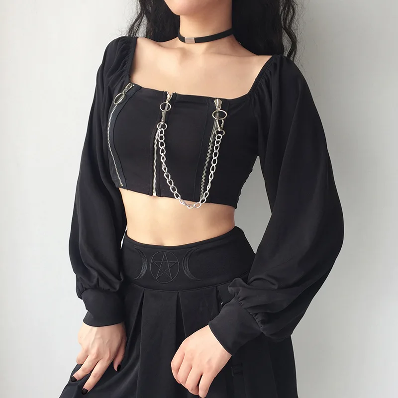 Y2K New Summer Long Sleeve Tops Tee Short Fashion Retro Style Chain Solid Crop T-shirt Cross Collar Slim Cotton Pullover Tshirts