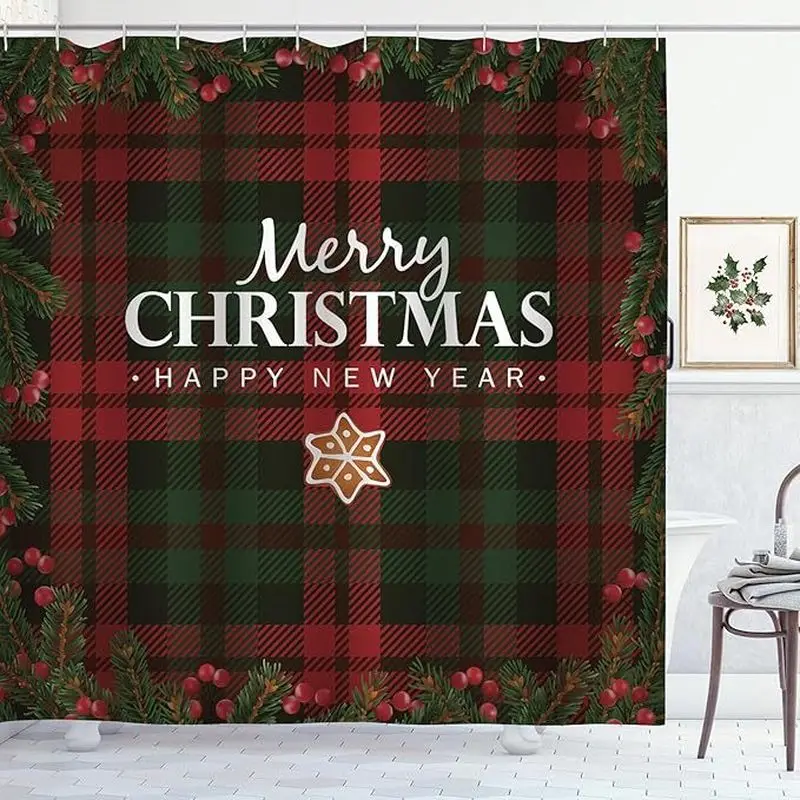 VIKAMA Christmas Deer Snowflake Shower Curtain, Plaid Patchwork Waterproof Bathroom Curtain, Home Bathtub Decor With Hooks