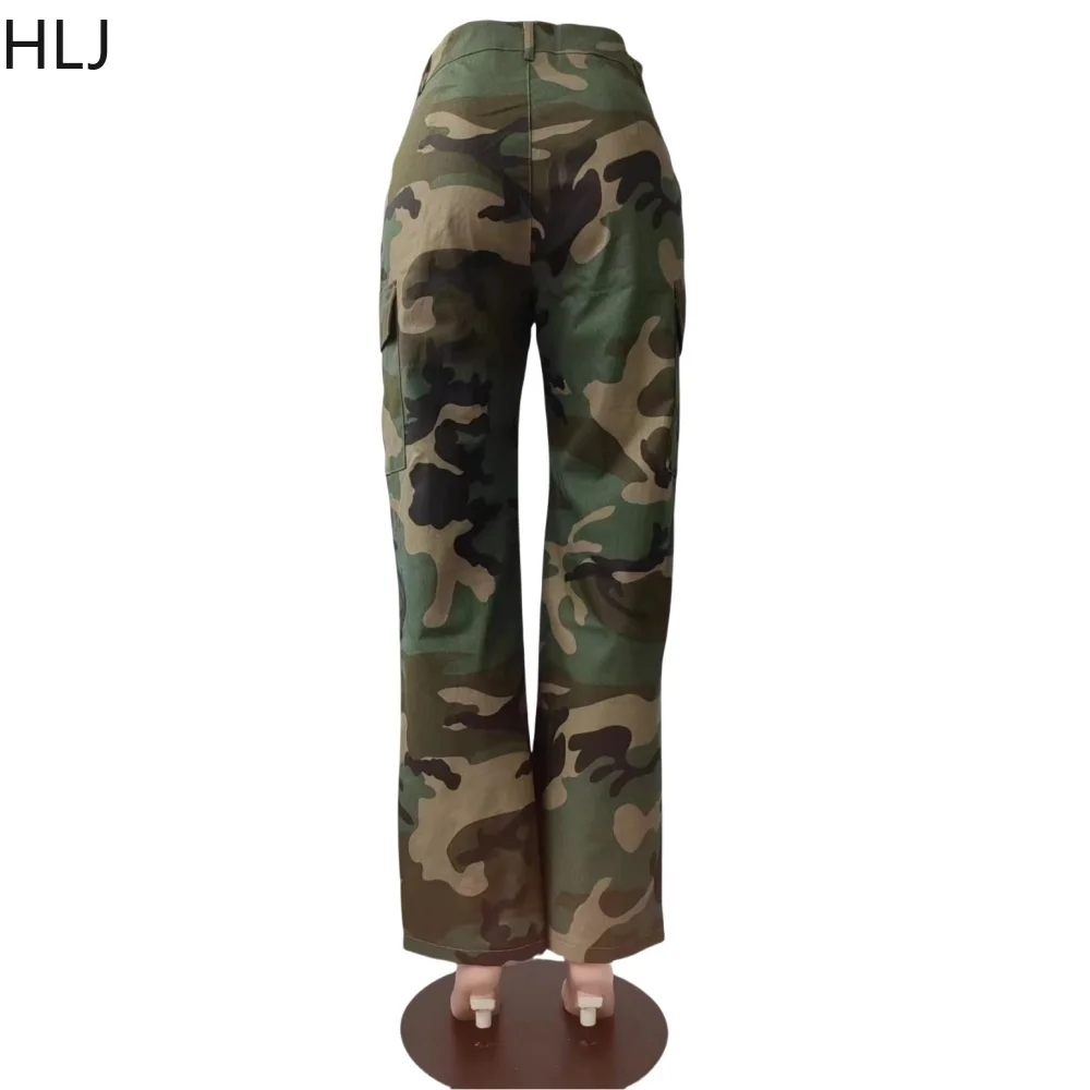 HLJ Fashion Camouflage Pocket Cargo Pants Two Piece Sets Women Letter Print V Neck Short Sleeve Crop Top And Pants Outfits 2025