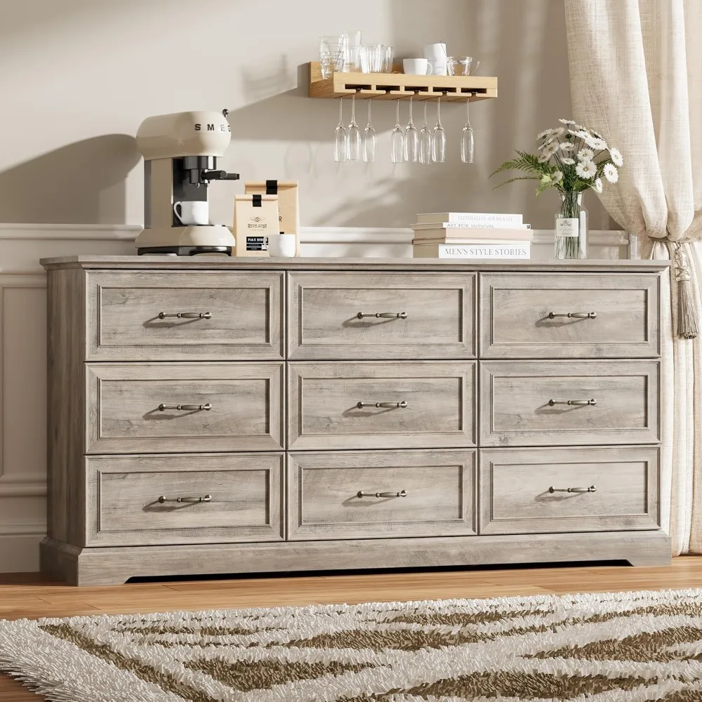 

9 Drawer Wood Dresser 63 Inch Wide Rustic Chest with Metal Handles Large Storage for Bedroom Living Room Hallway