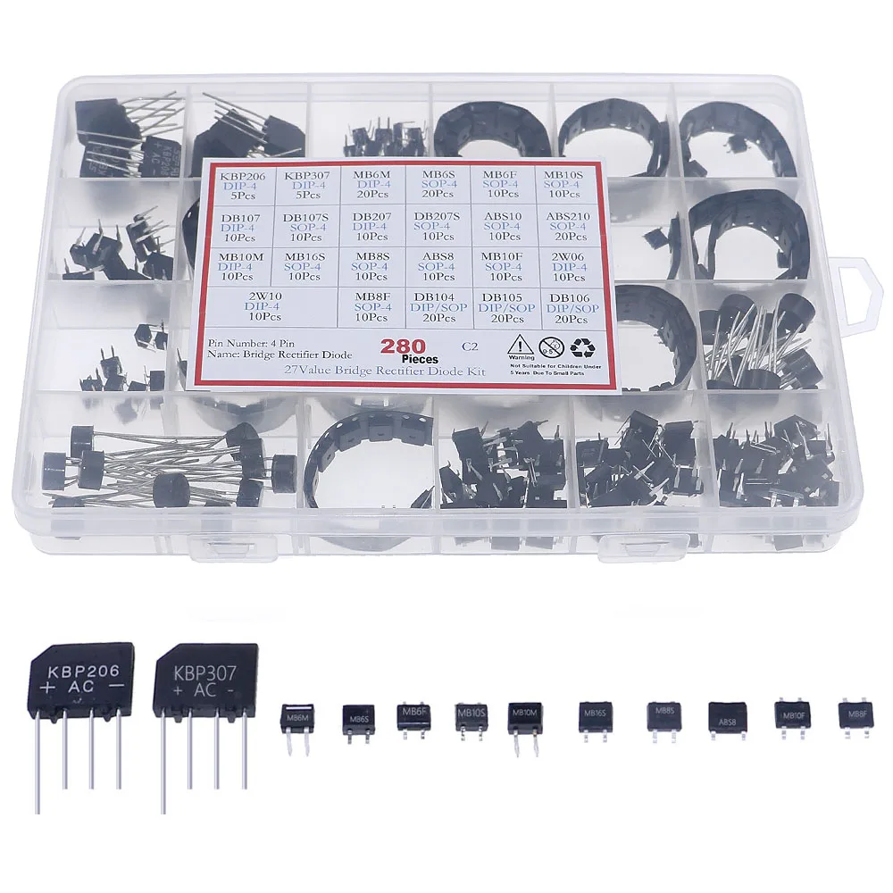 280Pcs 27Values Bridge Rectifier Assorted Kit KBP206 KBP307 MB6M MB10F MB6S DB107 DB207 ABS10 MB10M 2W10 MB8F DB104 MB16S DB106