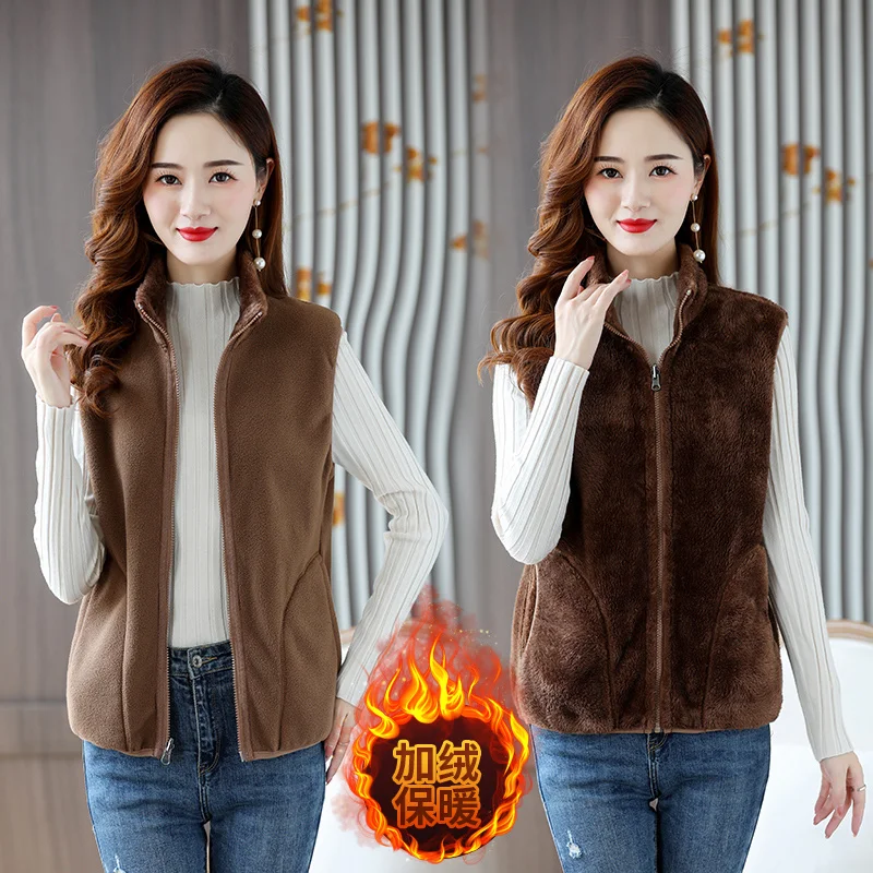 Two Sided Autumn Winter Women Fleece Tank Parkas Warm Thick Velvet Vest Cotton-padded Jacket Ladies Sleeveless Short Waistcoat