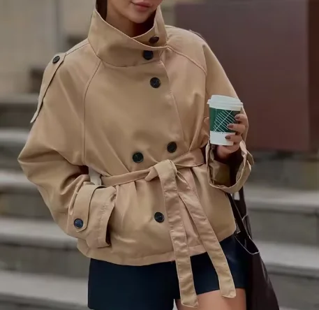 

Khaki Stand Collar Cropped Trench Jacket Double Breasted Belt Waist Raglan Long Sleeve Epaulet Casual Short Wind Coat 260602