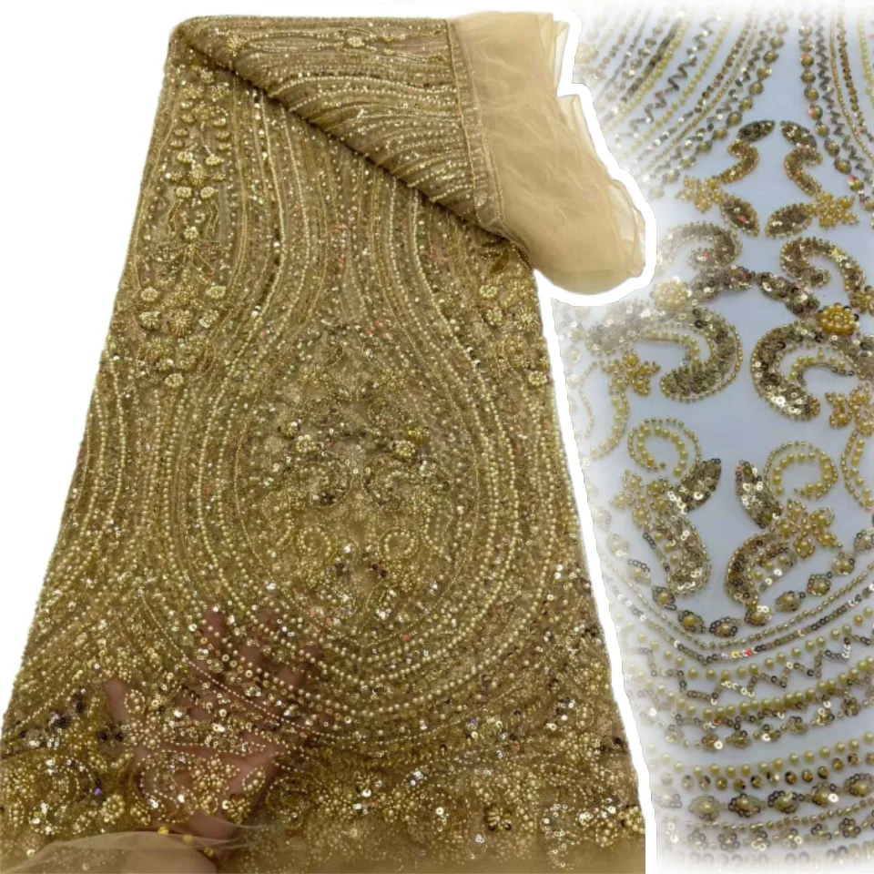 

Африканская кружевная ткань с блестками и бисером, Золотая Нигерия, французская вышивка жениха, сетка, тюль, кружево для женщин, свадебные платья, вечерние TP1439