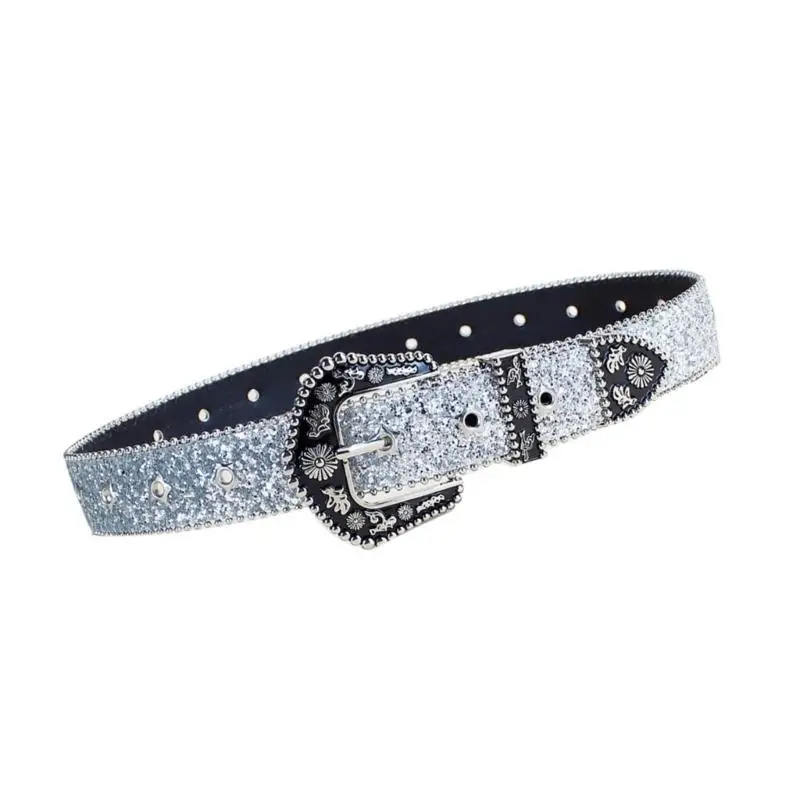 

31BB Glittering Powder Pin Buckle Belt for Adult Teens Street Wear Waistband for Pants Blingbling Waiststrap Waist Ornament