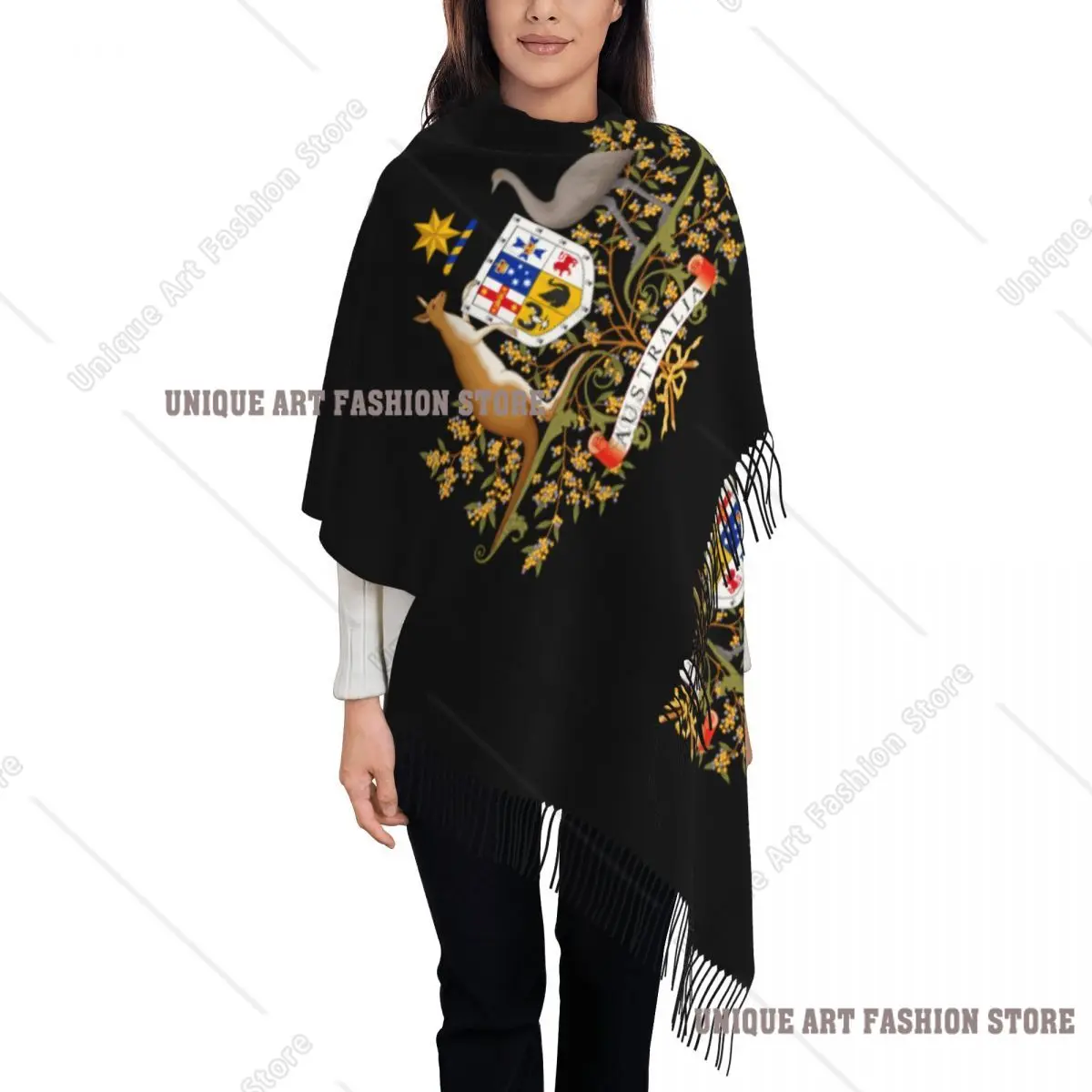 オーストラリアの国旗の紋章入りカスタムタッセルスカーフ、女性用ソフトショール、レディースウィンタースカーフ