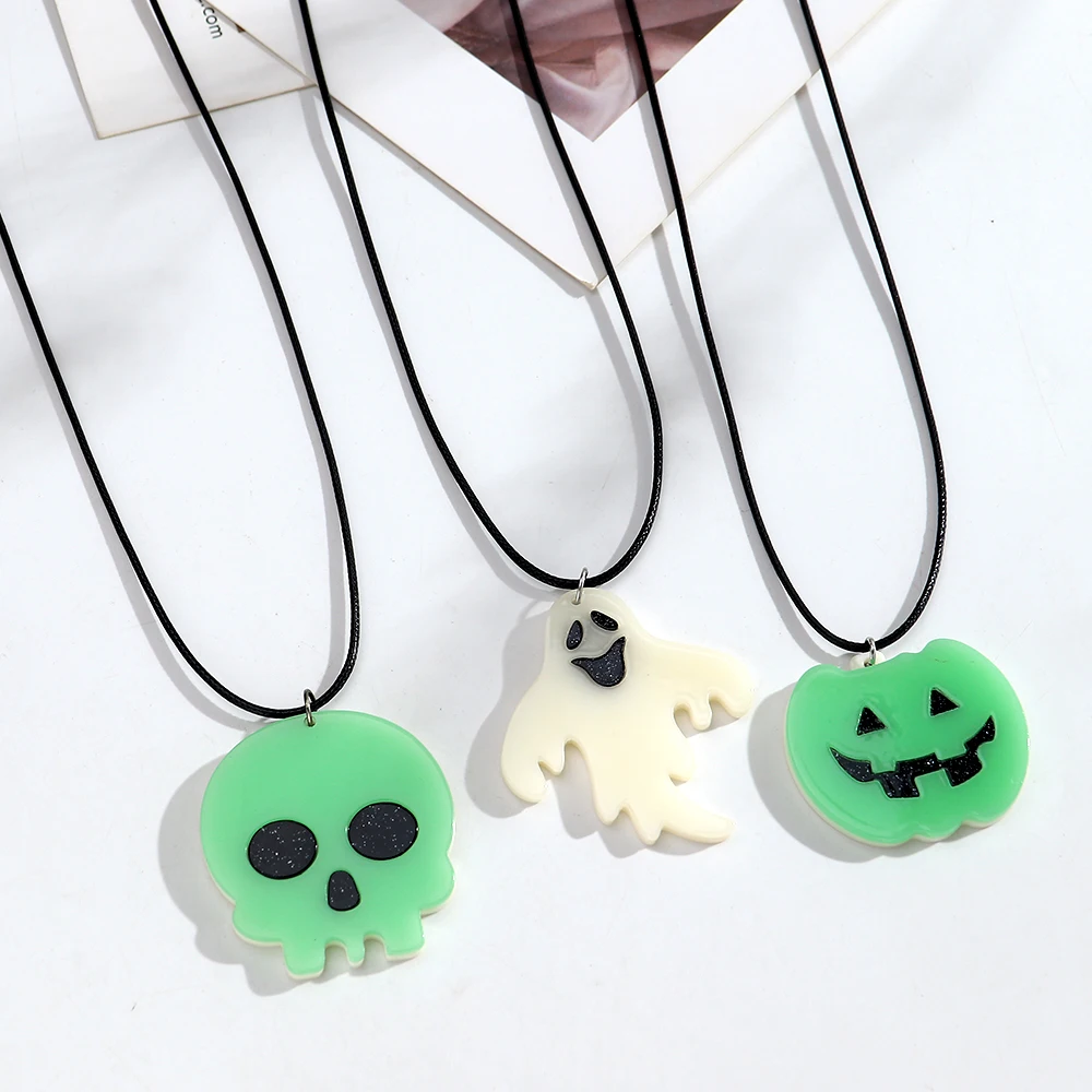 Luminous Ghost Skull Acrylic Pendant Necklace for Women Glow In The Dark Halloween Black Wax Rope Necklace Gothic Party Jewelry