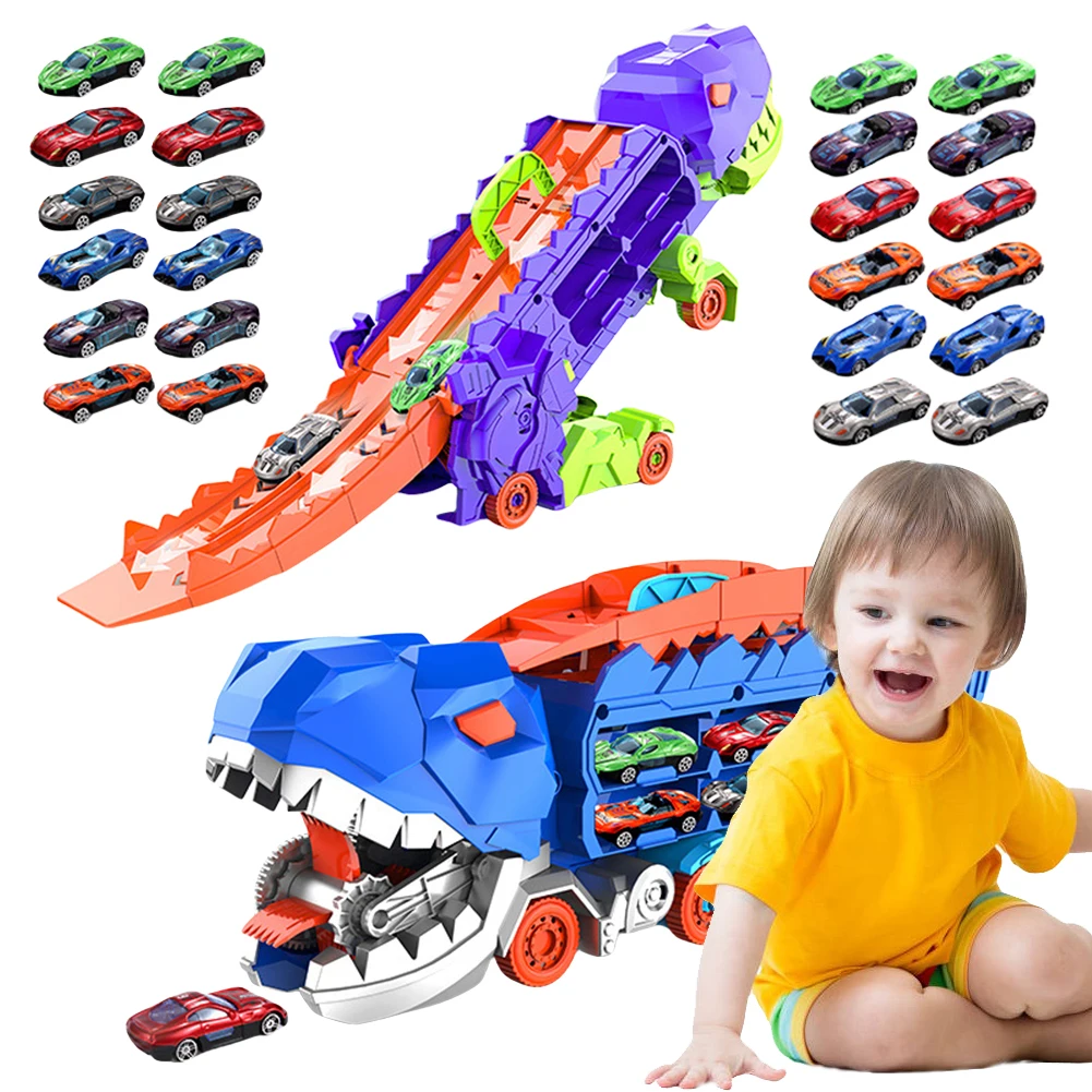 

Toddler Truck Toys Transforms Into Stomping Dinosaur with Race Track Toddler Car Toys Set Gifts for Kids Ages 3 4 5 6 Years Old
