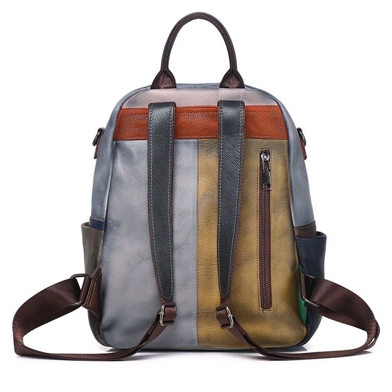 Patchwork Genuine Leather Backpack Woman Unique Real Cow Leather Shoulder Bags Ladies Fashion Cowhide Travel Tote Bag