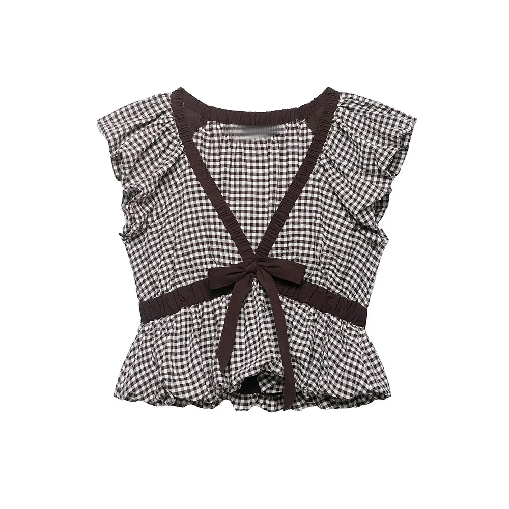 

Женская летняя новинка 2026: Модный топ с бантом и клетчатым узором, ретро-стиль, V-образный вырез, универсальная повседневная женская рубашка, шикарная блузка