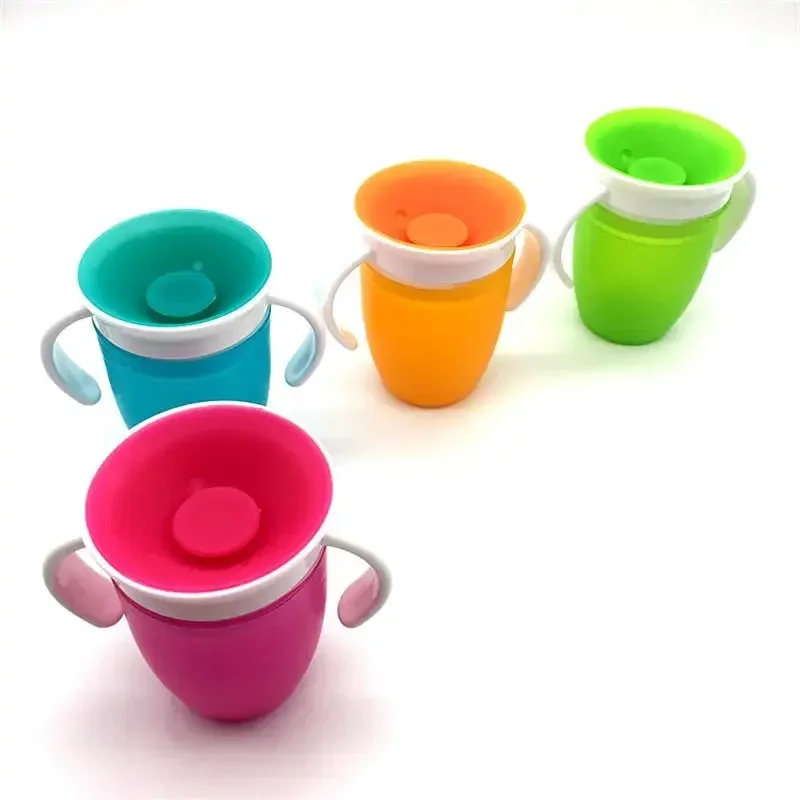 Taza Sippy giratoria de 360 ° para entrenamiento de bebé, con tapa abatible a prueba de fugas y asas dobles, de silicona, fácil de beber