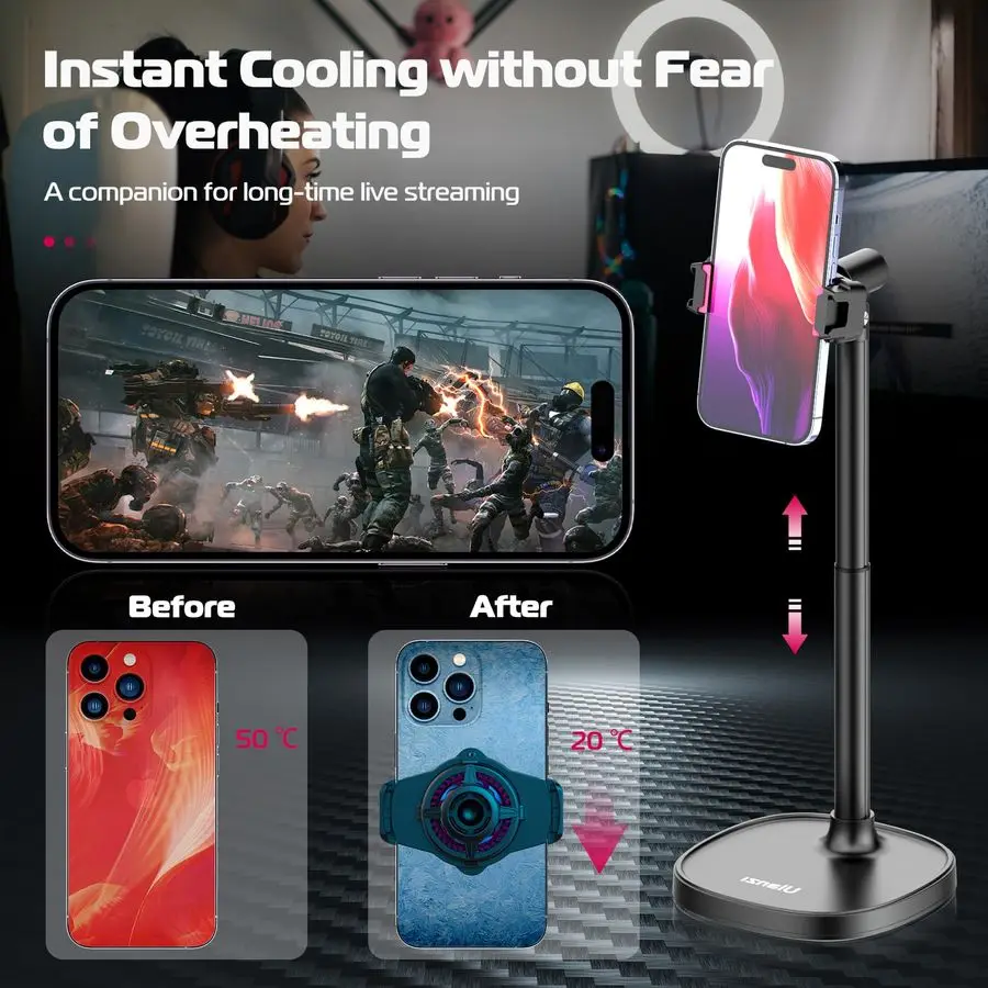 SK06 Cell Phone Stand with Phone Cooler, Desktop Phone Live Streaming Solution with Phone Cooling Fan, Height Adjustable Phone C