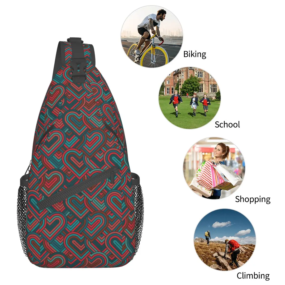 Borsa a tracolla con motivo geometrico a cuore zaino a tracolla con tracolla sul petto zaini per sport all'aria aperta borsa alla moda