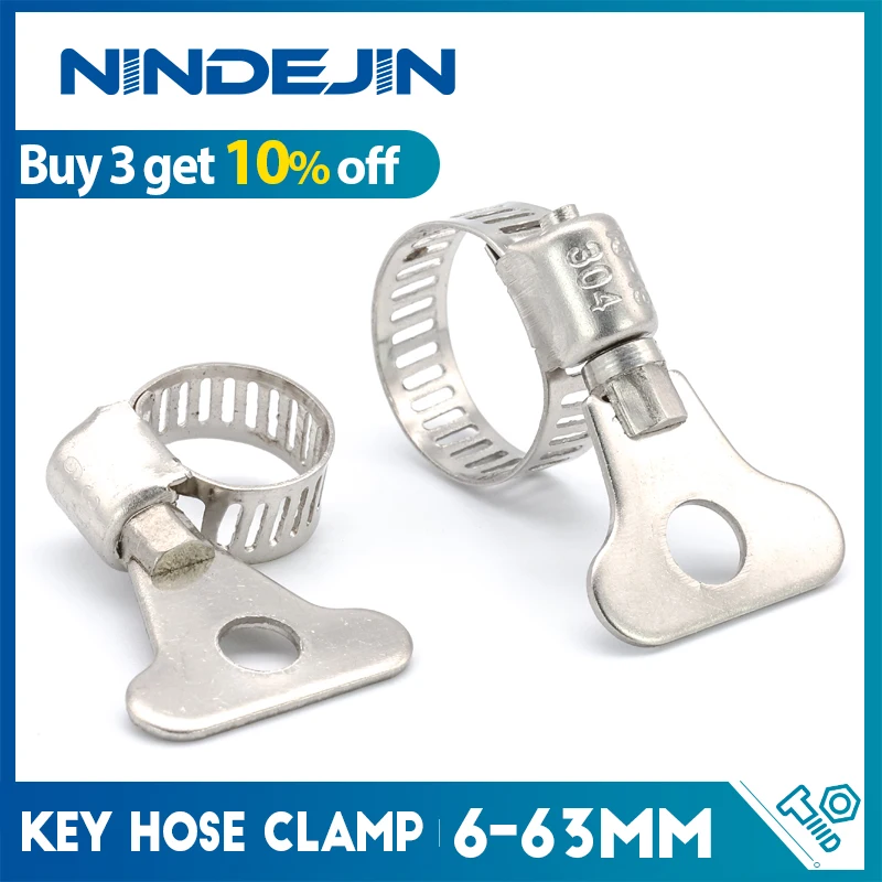 NINDEJIN 5/10pcs worm gear hose clamp adjustable 6-63mm key clamp hose clip for water pipe dryer vent clamp