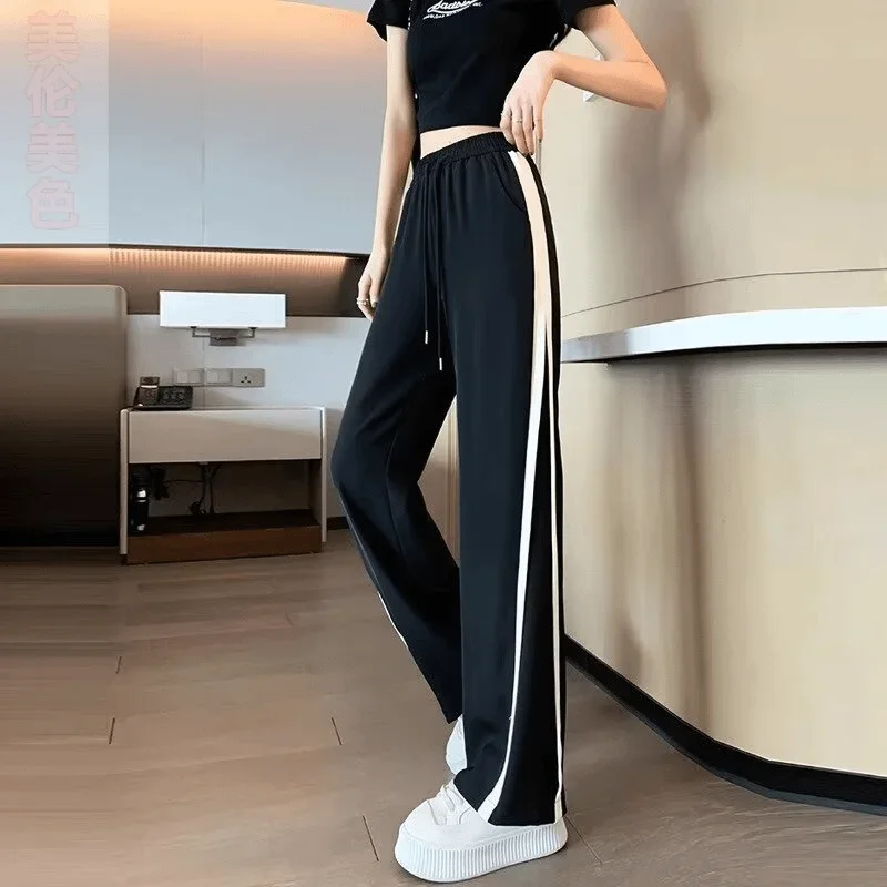 Pants Women Side Striped Wide-leg Casual Autumn Korean Style New Straight Drape Contrast Color Couple Streetwear Sporty Trousers