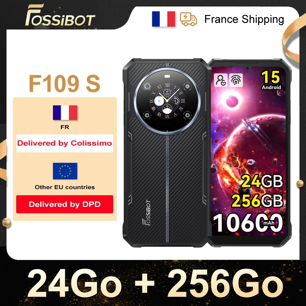 FOSSIBOT F109S Smartphone Robusto 24(6+18)GB + 256GB 10600mAh 6,745 HD+ Android 15 50MP 18W Riconoscimento Facciale 4G NFC/GPS Dual SIM