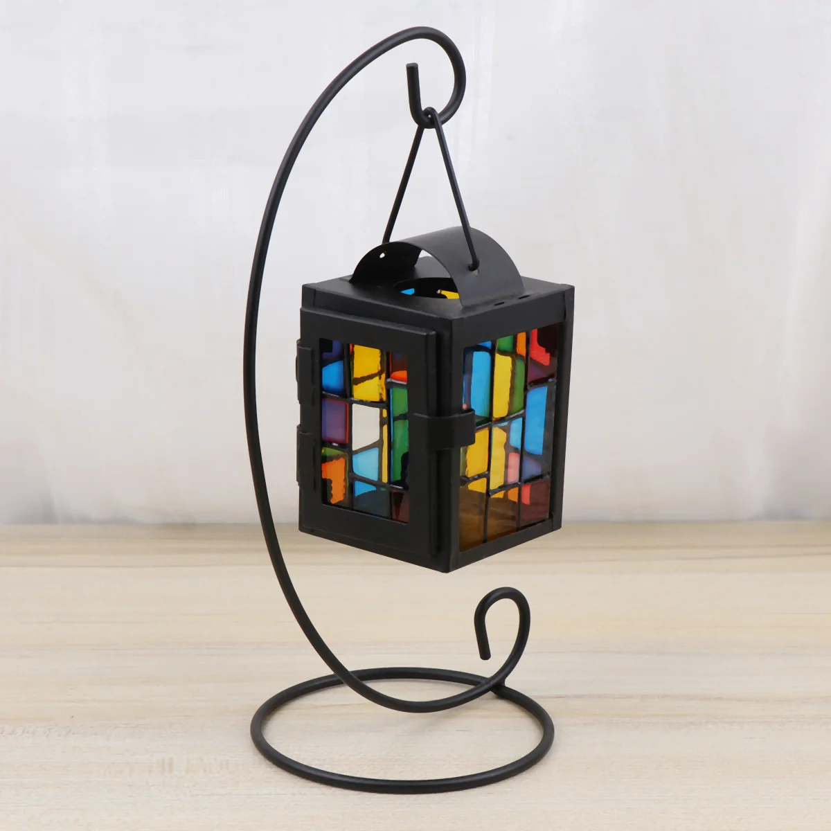 

Vintage Iron Art Candlestick Thickened Sturdy Colorful Glass Wind Lamp Romantic Wedding Party Home Desktop Night Light