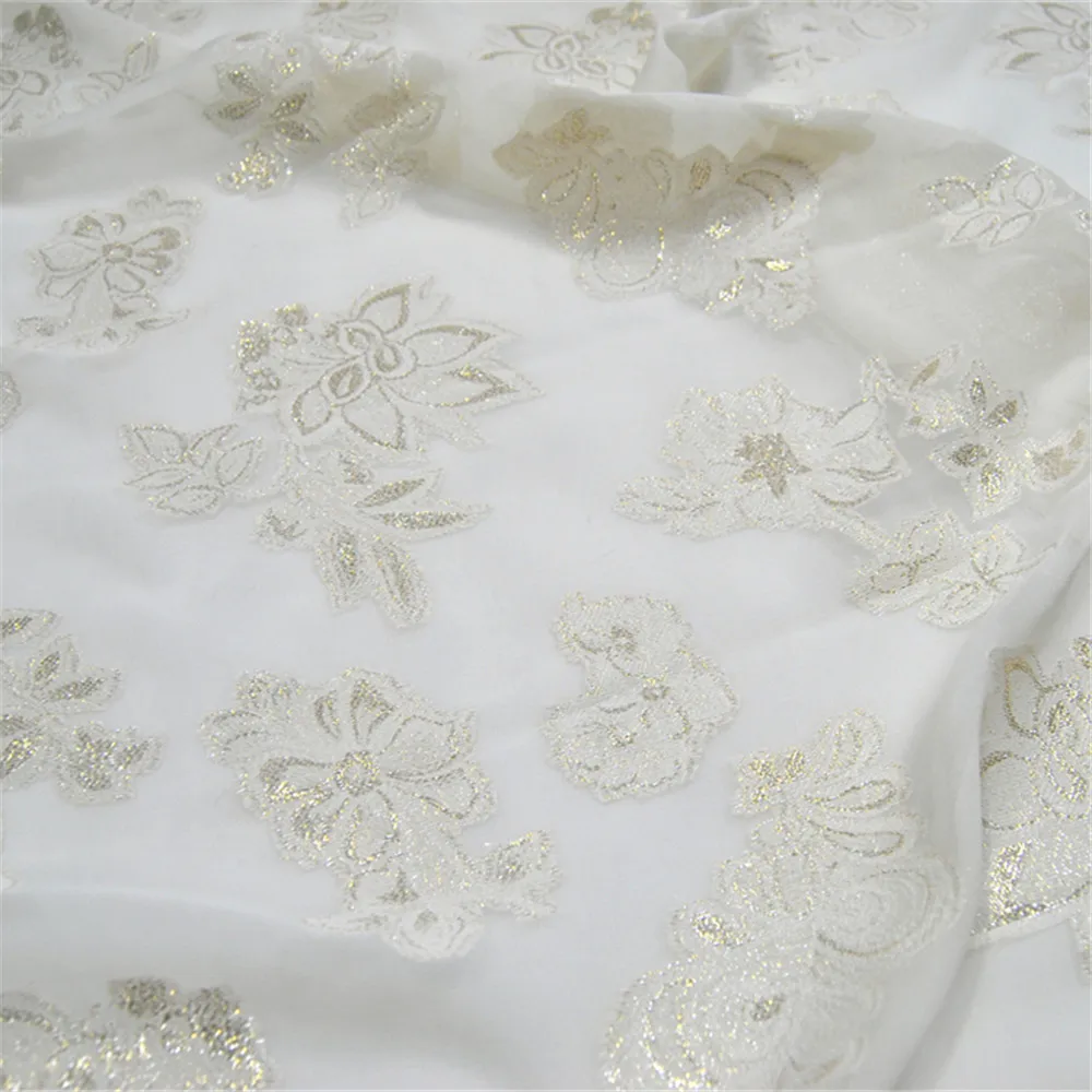 Beautiful Popular Woven Silk Metallic Fabric Safe Golden Flowers 145cm Natural White for Lining Shawl Skirt