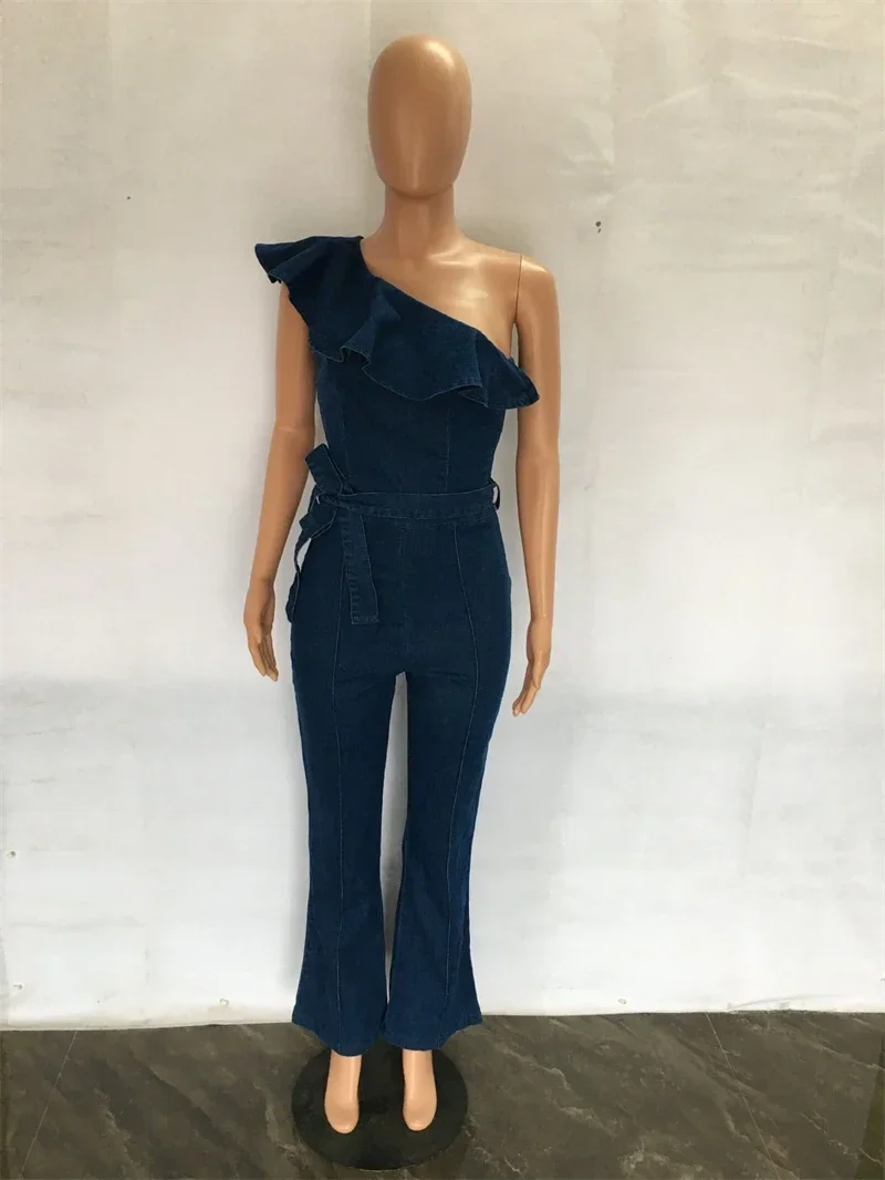 Mode Jeans Één Schouder Jumpsuit Herfstkleding 2024 Vrouwen Ruches Mouwloze Denim Rompertjes Playsuits One Stuffels Overalls Outfit