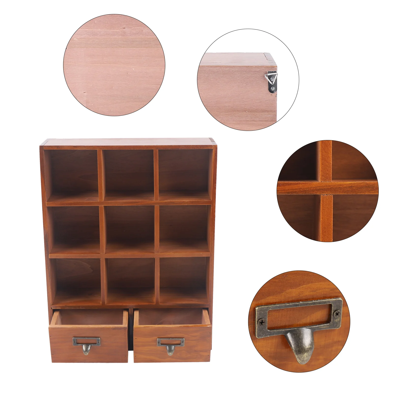 Wooden Display Shelves with 2 Drawers, Vintage Wooden Cabinet, 9-Cube Pine Display Organizer